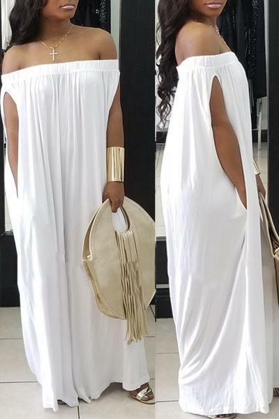 ivshe plain off shoulder split sleeve regular jumpsuit